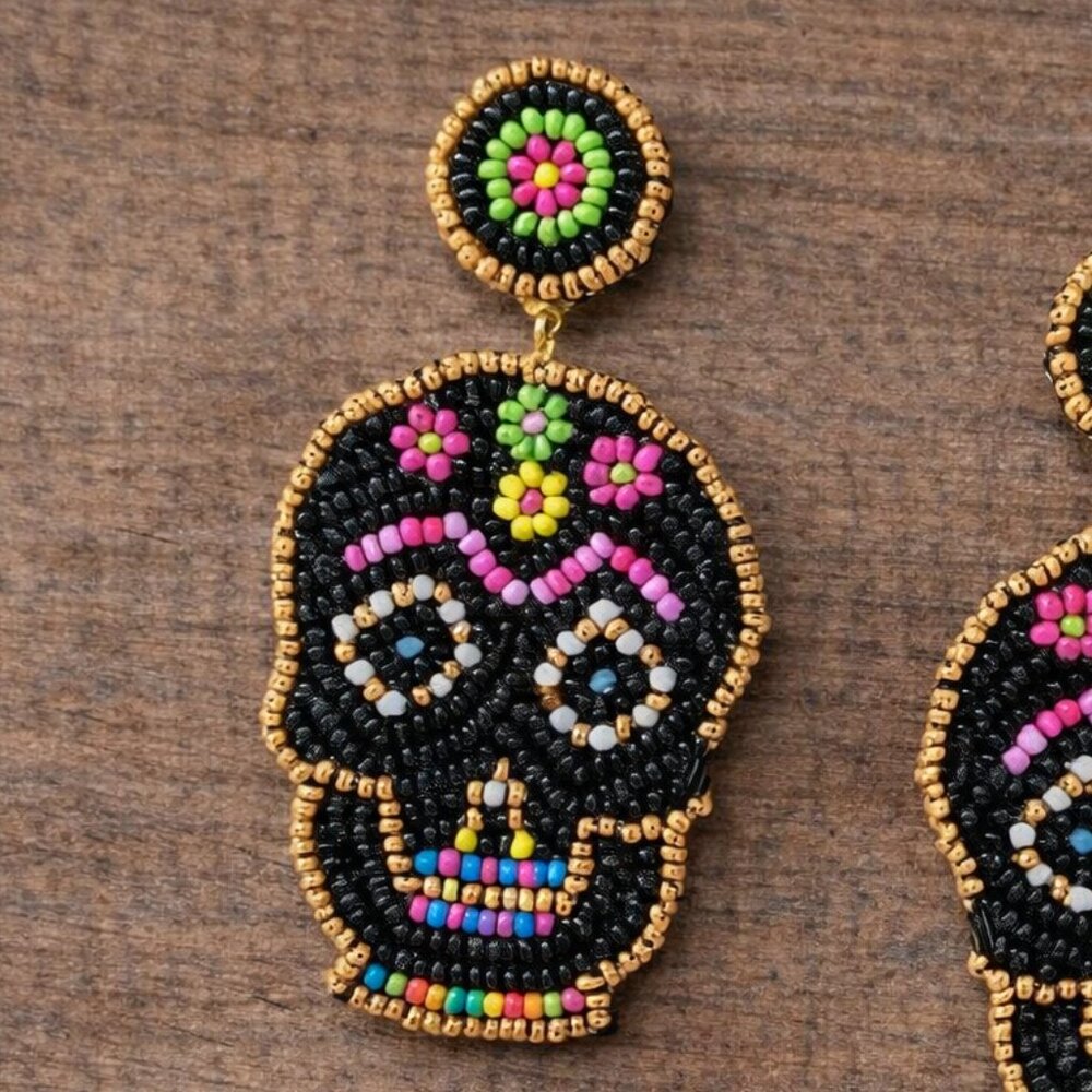 Handmade Beaded Sugar Skull Earrings Day of the Dead Statement Jewelry - Picture 2 of 2